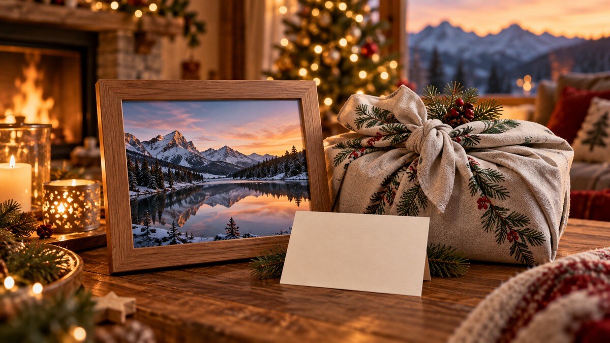 Regalo con fotografia e biglietto personale su tessuto riutilizzabile