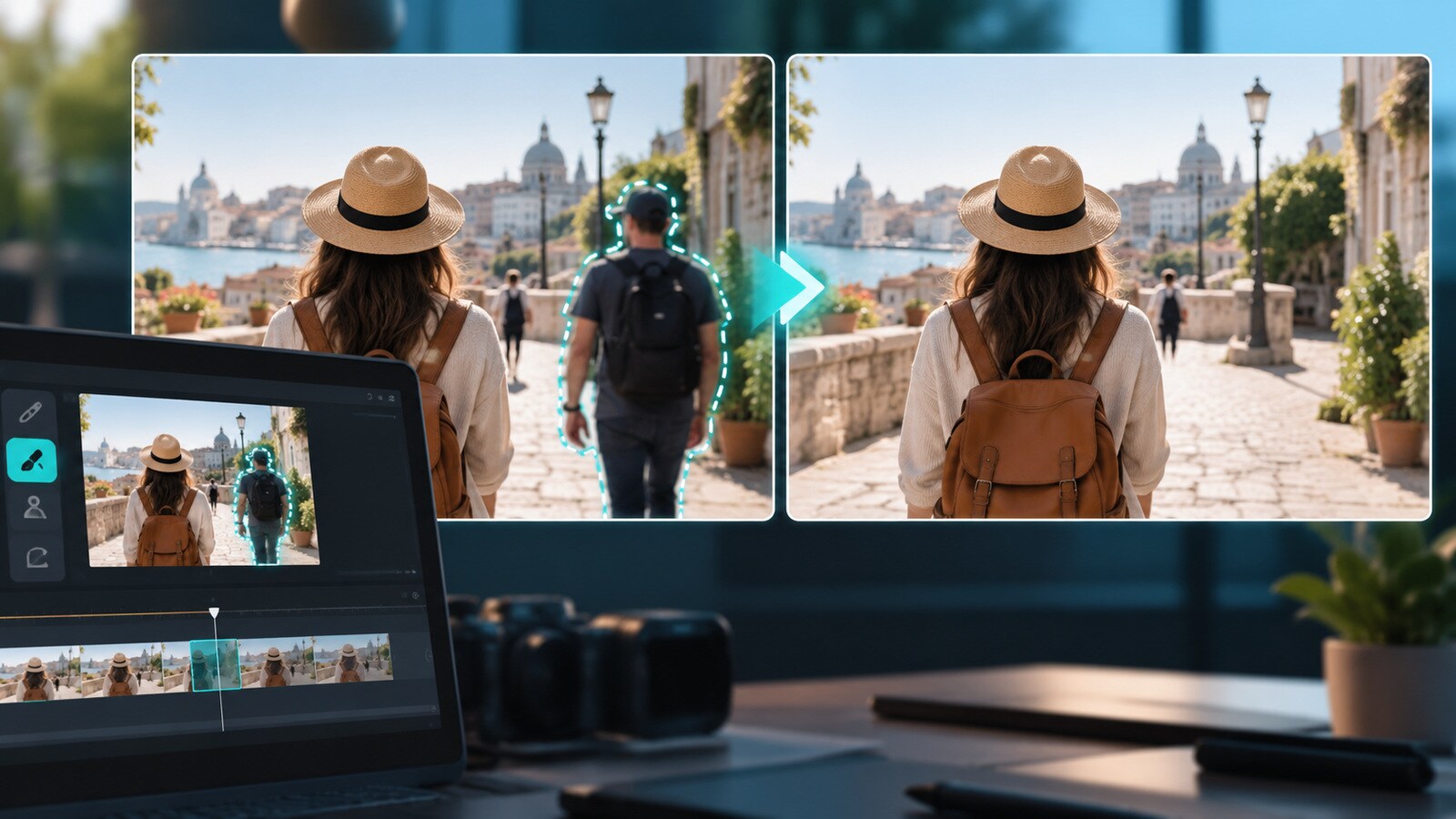 Before After di una persona rimossa da un video con AI