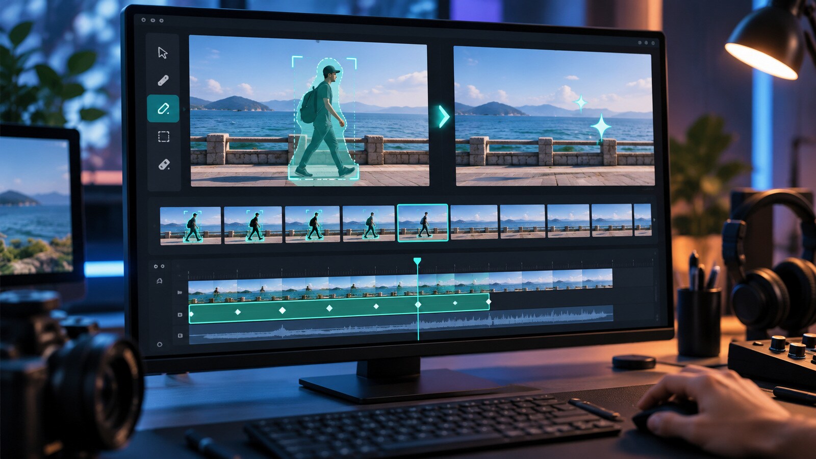 Rimozione AI di una persona in movimento con controllo frame per frame