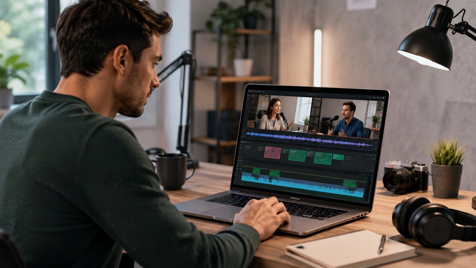 Editor video che rimuove parole di riempimento e pause da un’intervista