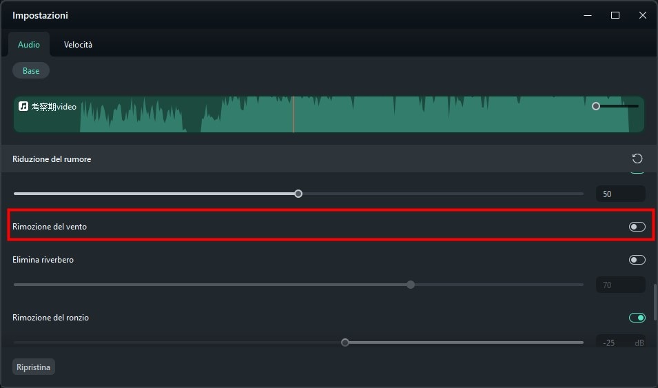 rimuovere il rumore di vento da video e audio su filmora