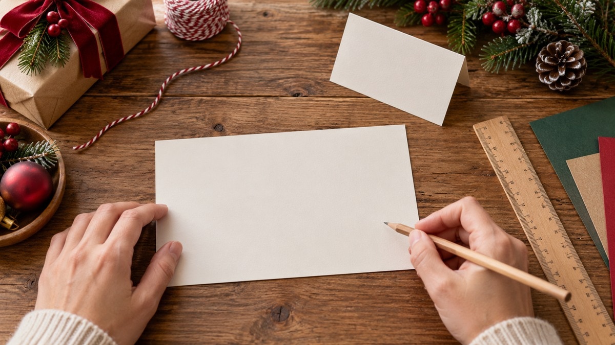 Materiali e cartoncino piegato per realizzare un segnaposto a cavalletto
