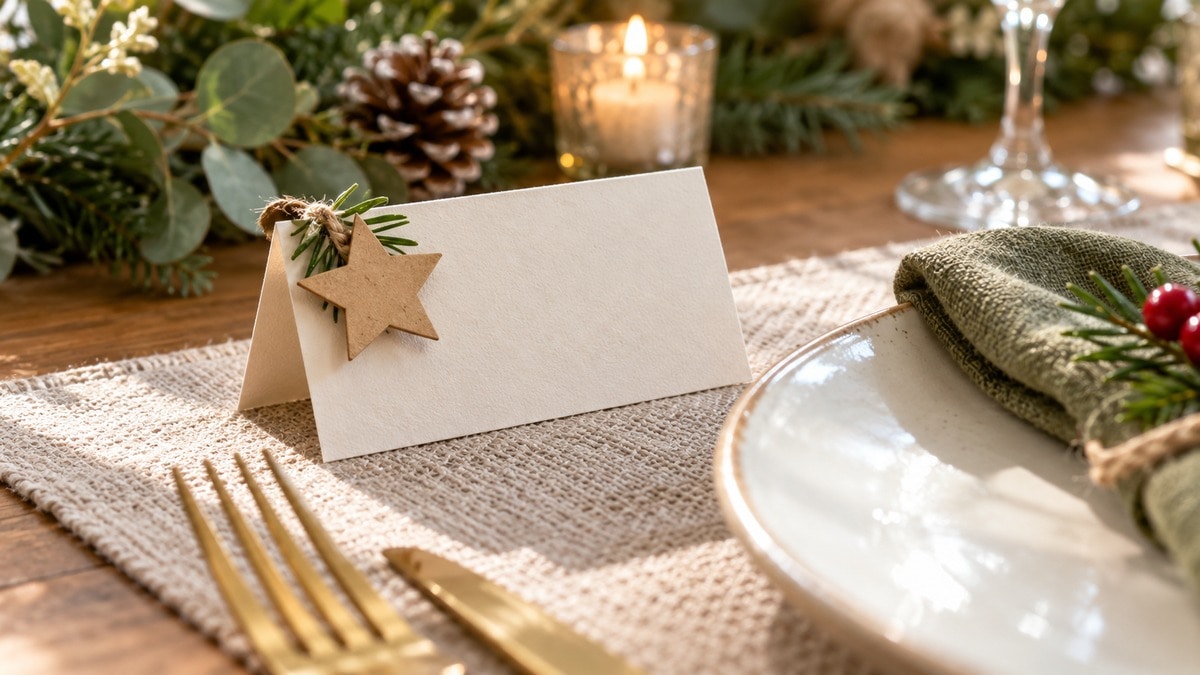 Dettaglio di un cartoncino natalizio decorato con una piccola stella