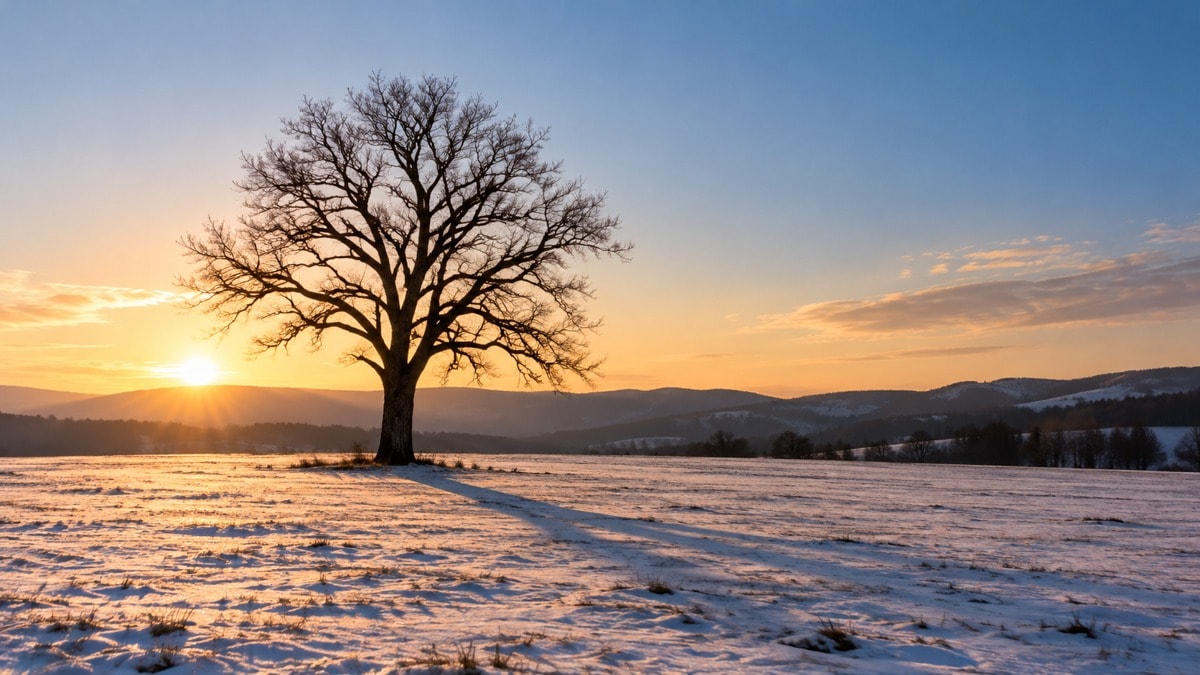 Un albero spoglio e la sua ombra lunga nella luce bassa dell’inverno