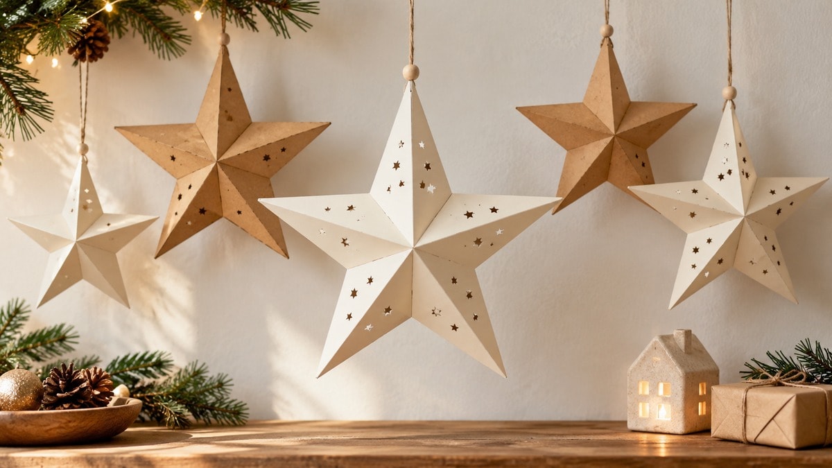 Stelle natalizie di carta chiara e kraft appese a una parete