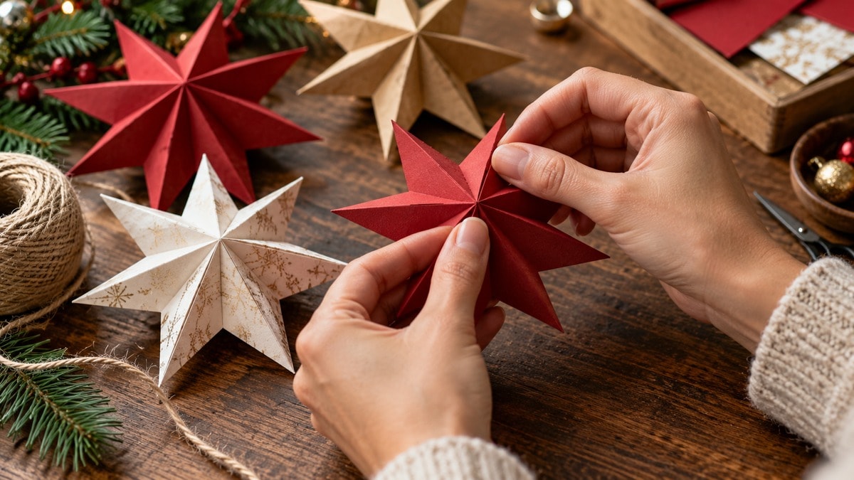 Mani che modellano delicatamente una piega della stella di carta