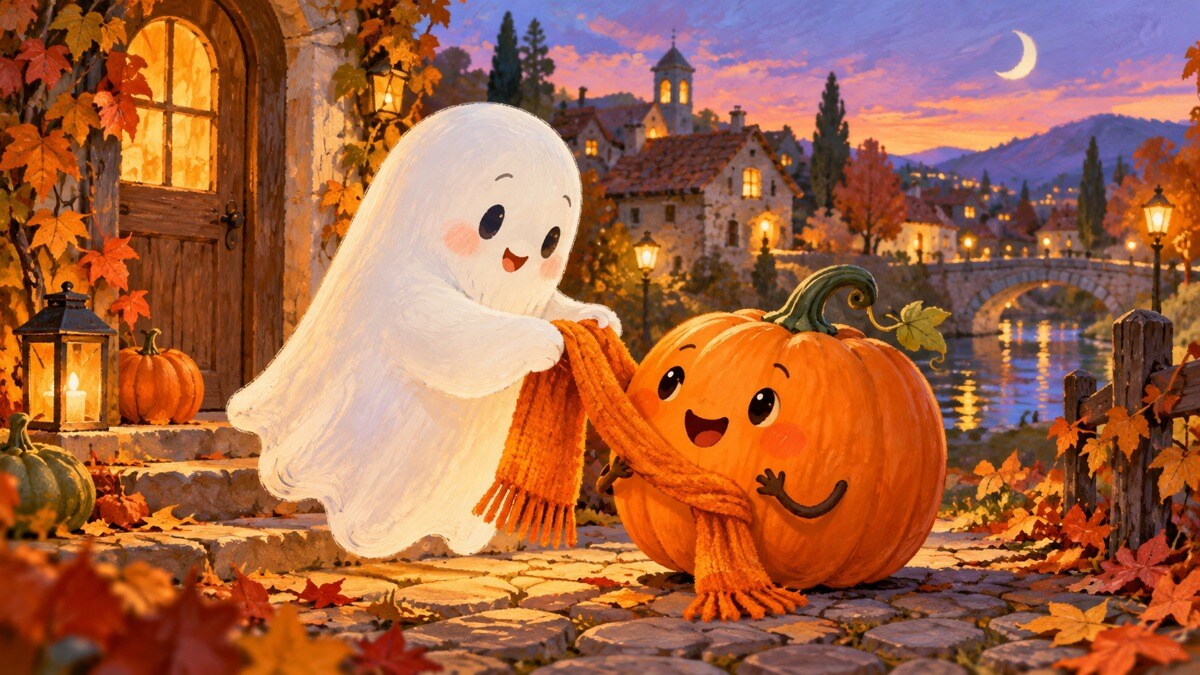 Illustrazione narrativa di un fantasmino gentile e di una sciarpa arancione