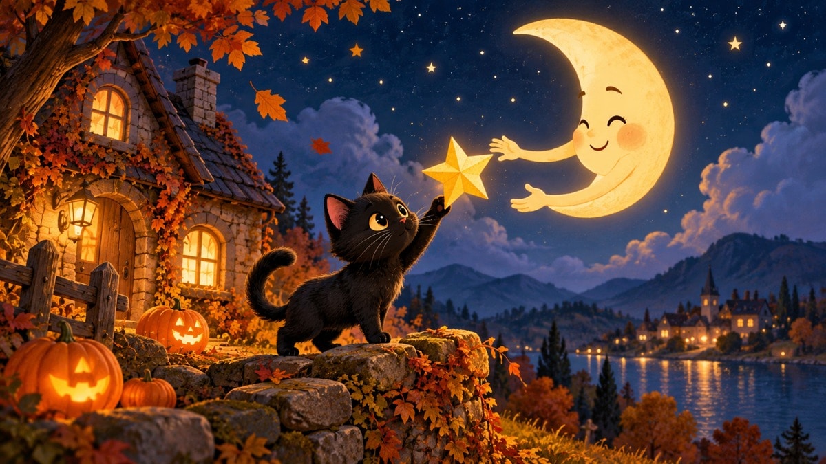 Illustrazione narrativa di un gatto, una luna e una stella di carta