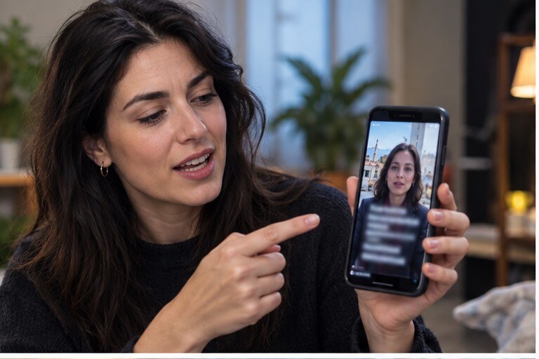 Creator italiano che controlla sottotitoli automatici su un video verticale