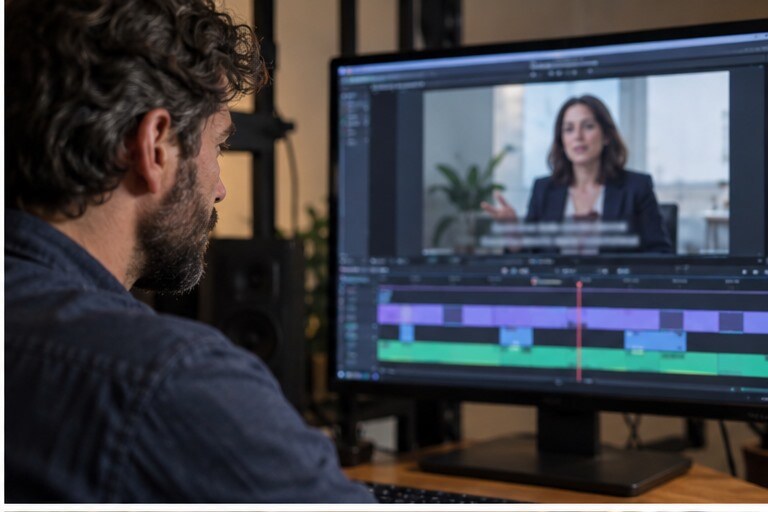 Intervista video con caption leggibili e speaker riconoscibili sul monitor