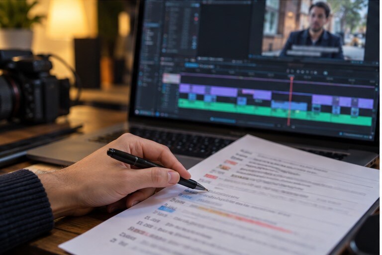 Editor che corregge una trascrizione video in una timeline con sottotitoli
