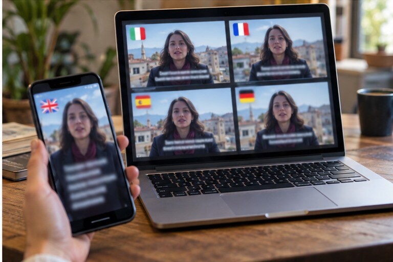 Video verticale multilingue visualizzato su smartphone e laptop