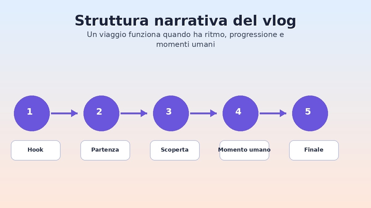 Struttura narrativa in cinque passaggi per un vlog di viaggio