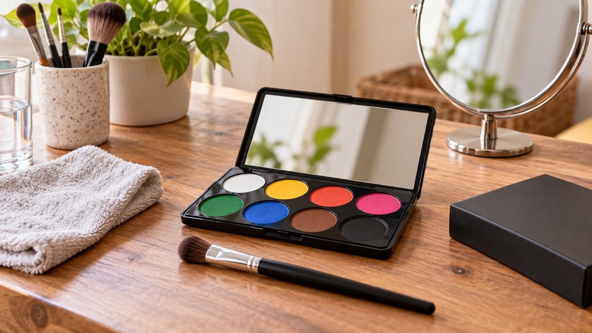 Postazione essenziale con cosmetici identificabili e strumenti puliti