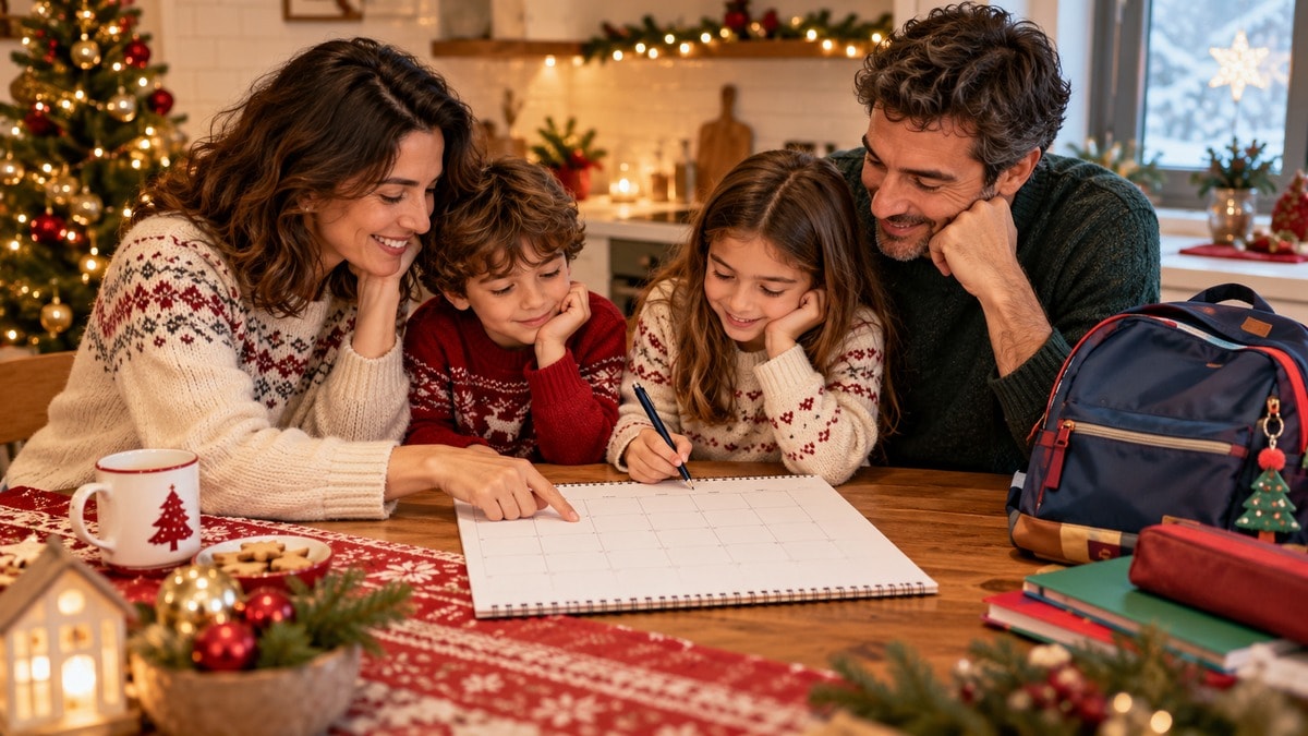 Famiglia che organizza le vacanze scolastiche su un calendario senza date stampate