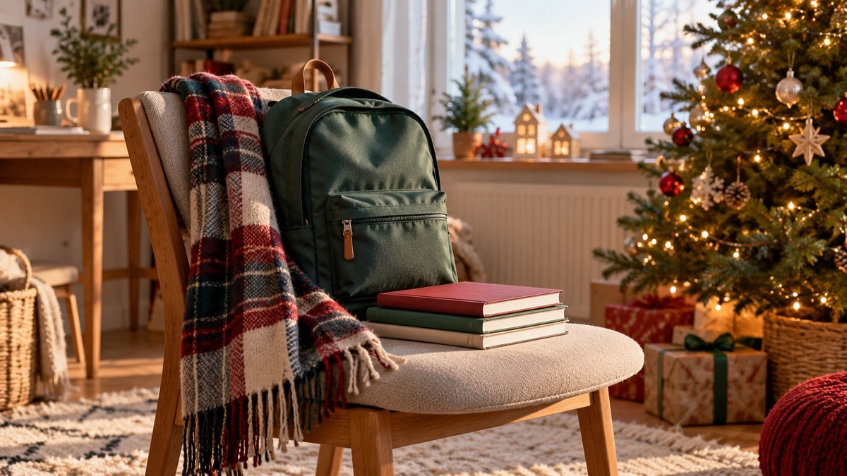 Zaino e quaderni accanto alle decorazioni natalizie in una casa