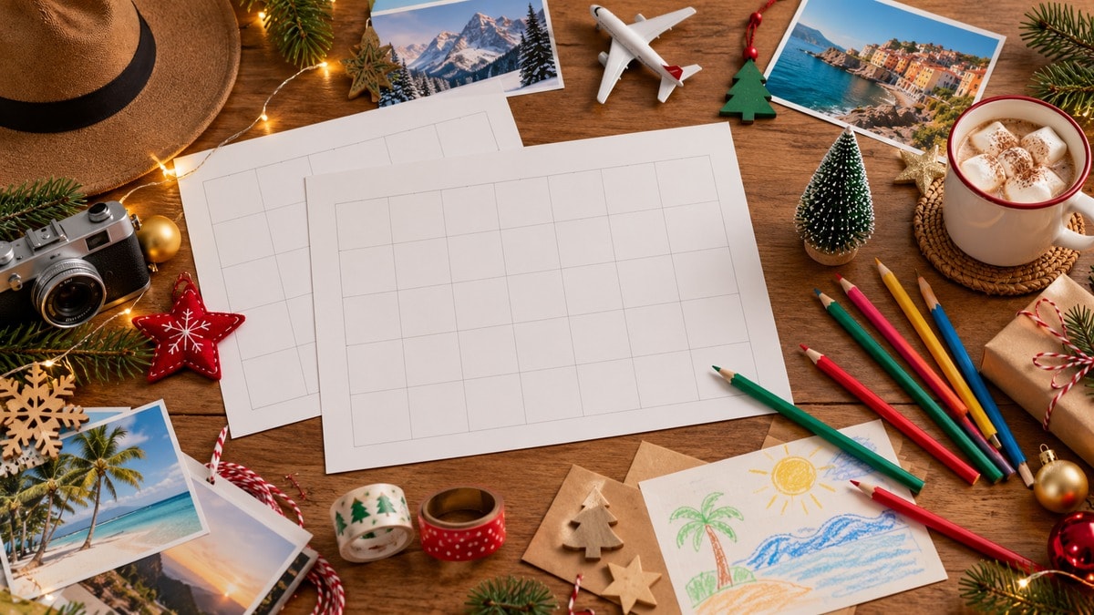 Materiali creativi e calendario vuoto per organizzare attività natalizie in famiglia