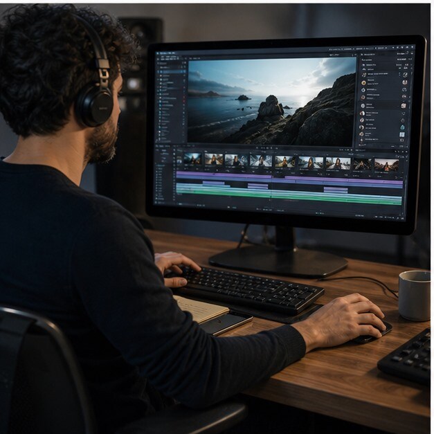 Editor che integra clip AI in una timeline con audio, sottotitoli e adattamenti finali