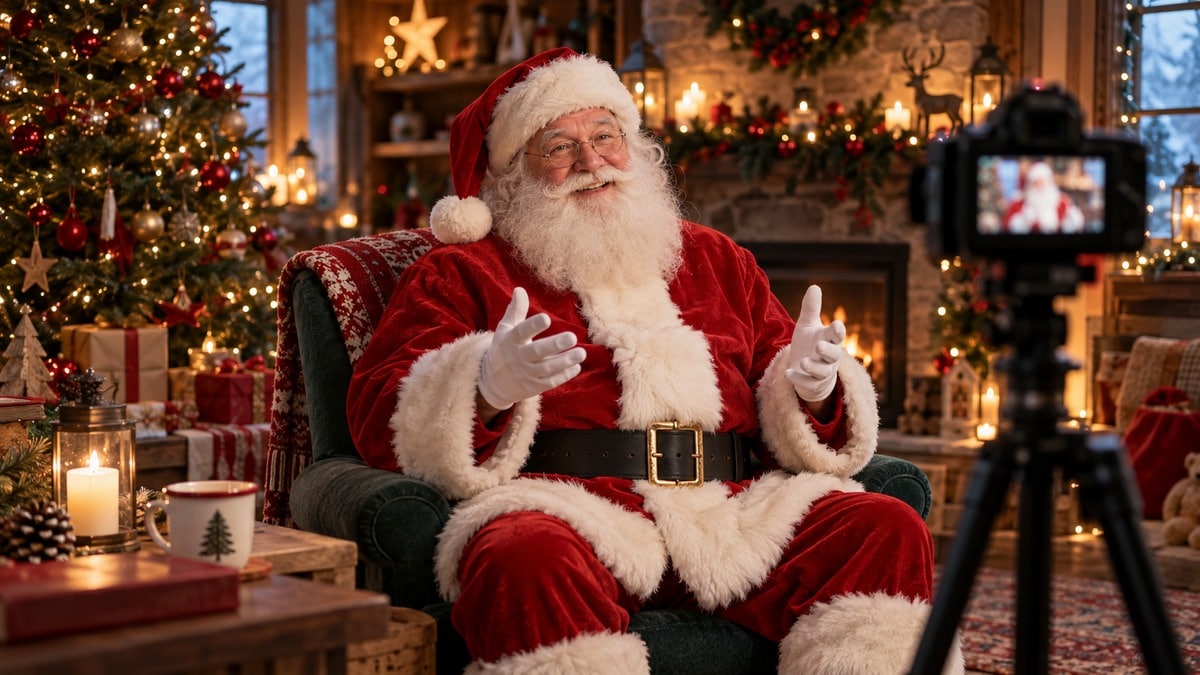 Adulto in costume di Babbo Natale pronto a registrare un messaggio