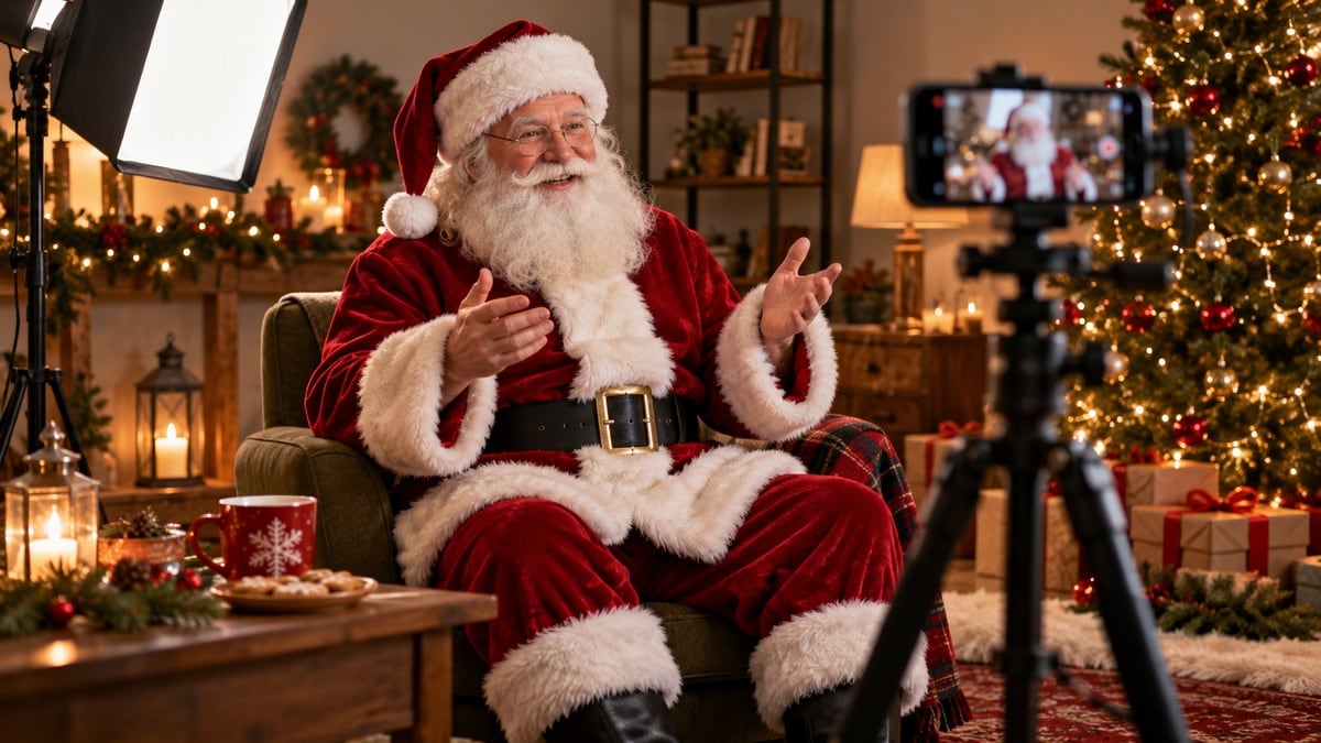 Interprete di Babbo Natale che registra un saluto davanti a uno smartphone