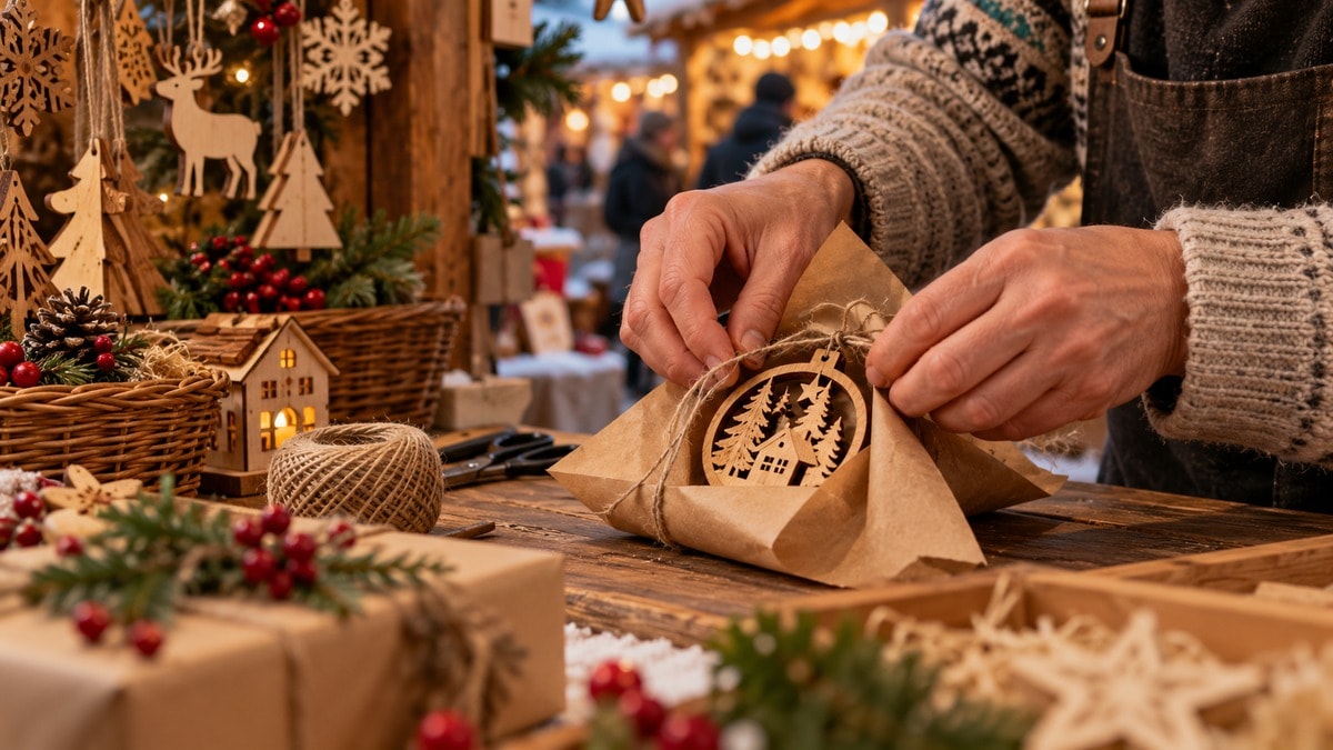 Mani di un artigiano che confezionano una decorazione in legno
