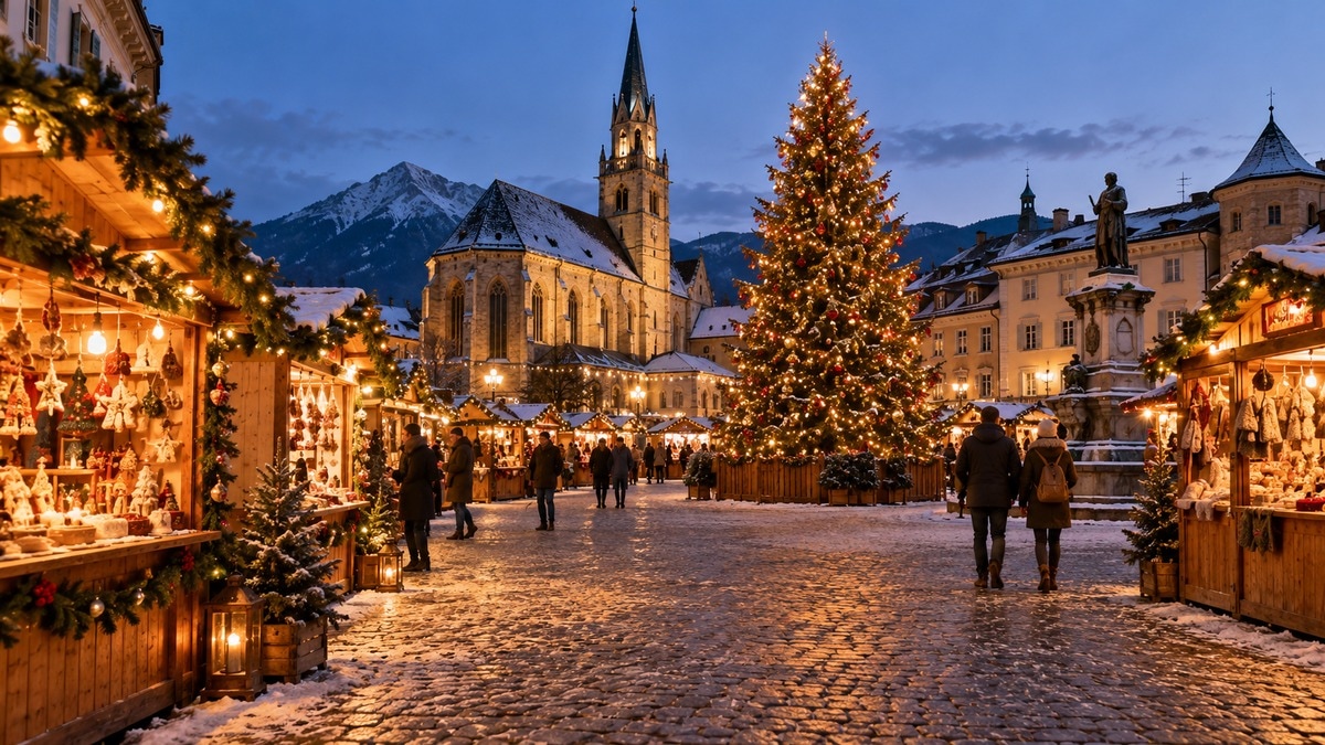 Piazza di un mercatino natalizio con albero illuminato e bancarelle in legno