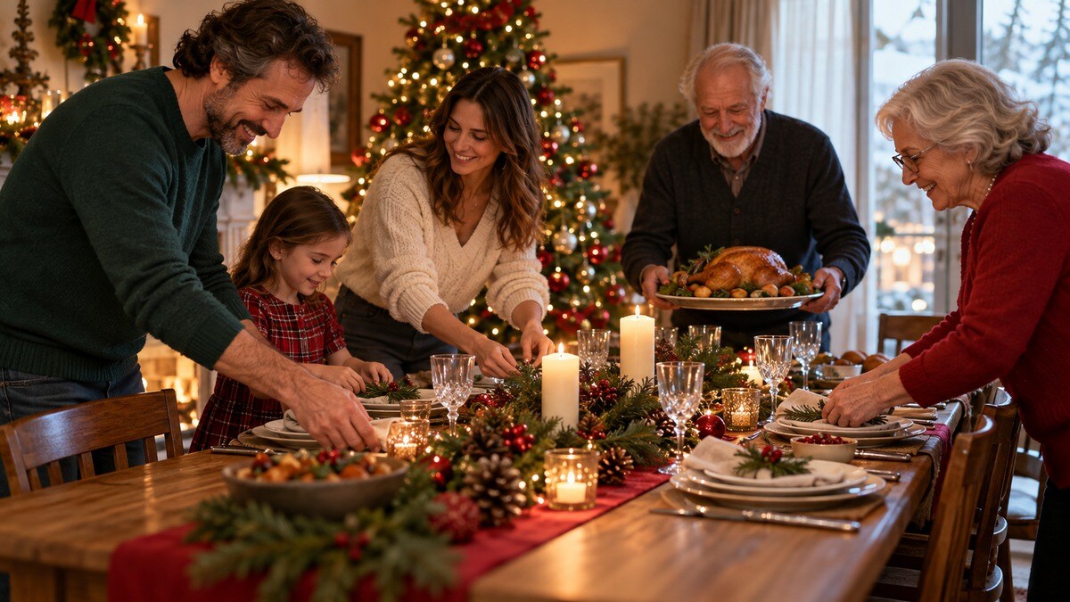 Famiglia che prepara insieme la tavola di Natale