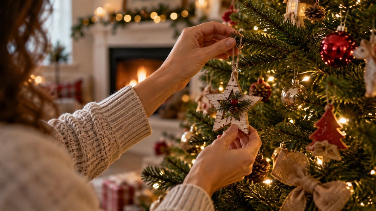 Dettagli di decorazioni e mani durante i preparativi natalizi