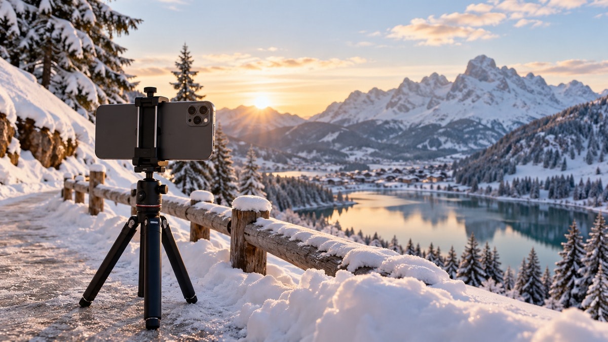 Smartphone fermo su un supporto lungo un percorso innevato