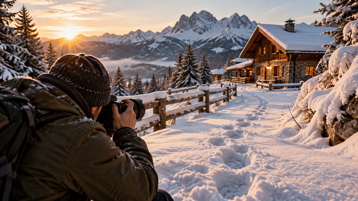 Impronte nella neve come collegamento visivo verso una casa