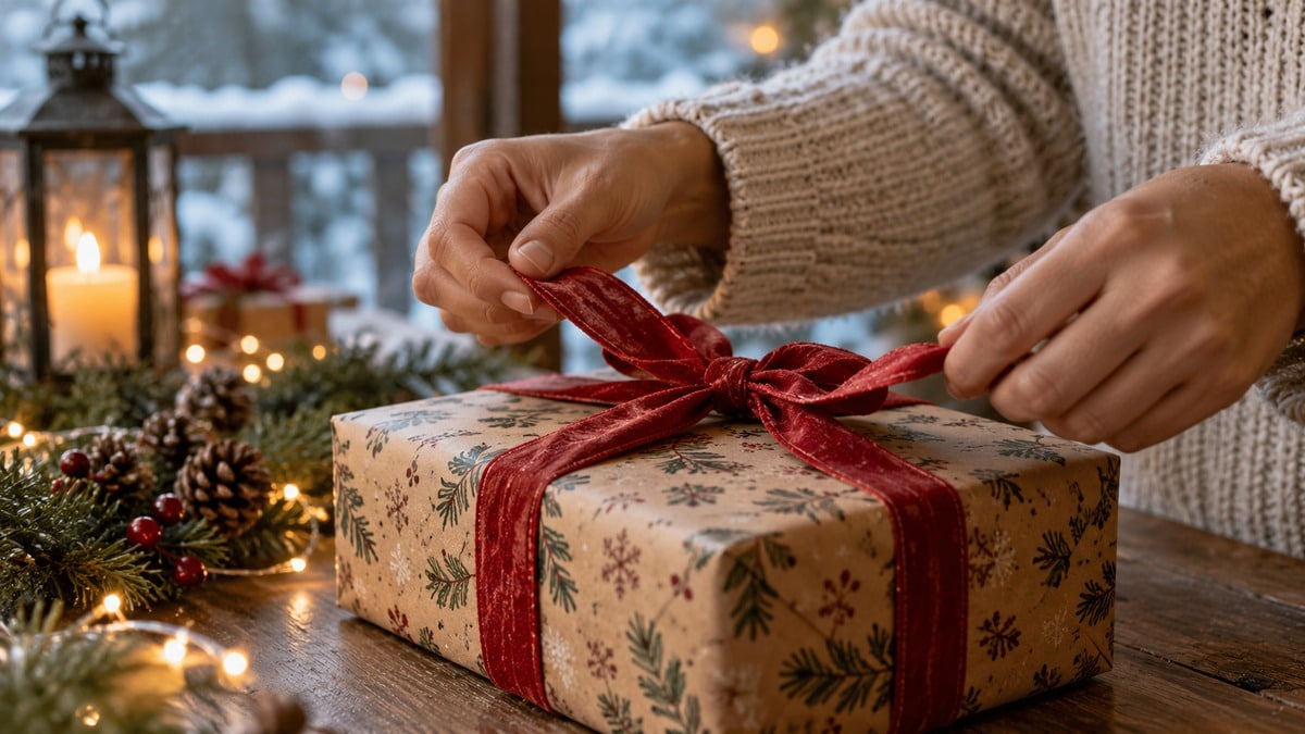 Mani che sciolgono il nastro di un pacchetto regalo