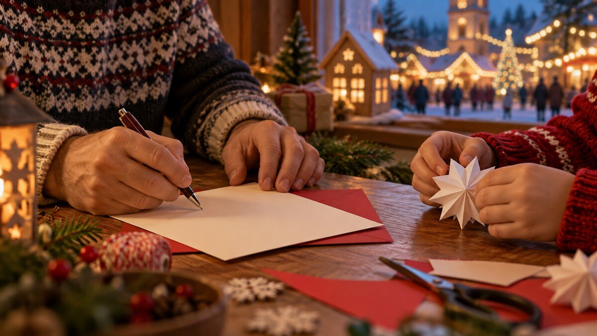 Mani di adulto e bambino preparano una lettera bianca e una decorazione di carta