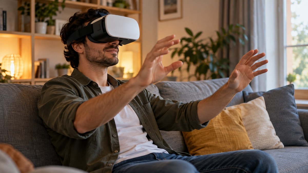 Visione da seduti con un visore VR generico in un soggiorno ordinato