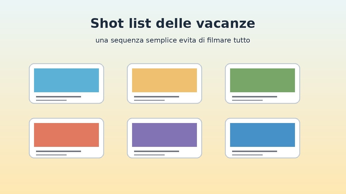 Storyboard illustrato con sei inquadrature per un vlog delle vacanze