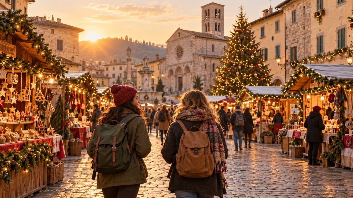 Due amici arrivano a piedi a un mercatino natalizio con piccoli zaini