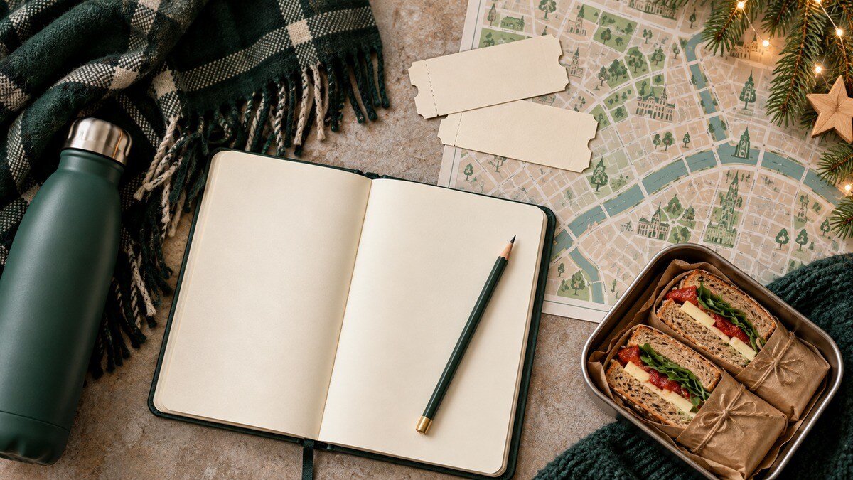 Agenda senza scritte, biglietti, pranzo al sacco e accessori per pianificare una gita