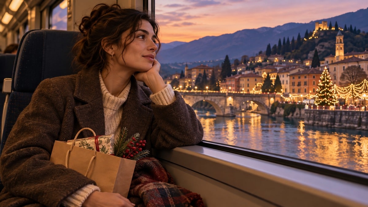Viaggiatore in treno con un piccolo regalo dopo una visita natalizia