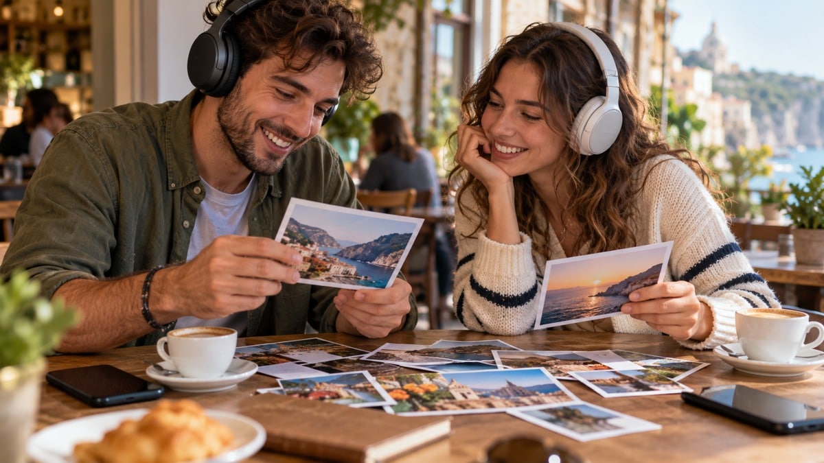 Due amici che scelgono fotografie per condividere ricordi musicali