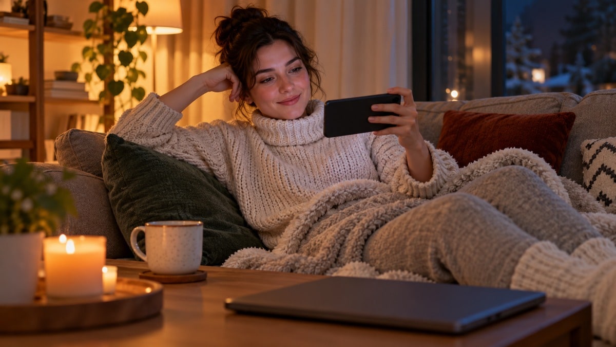 Persona che controlla il telefono in un soggiorno invernale
