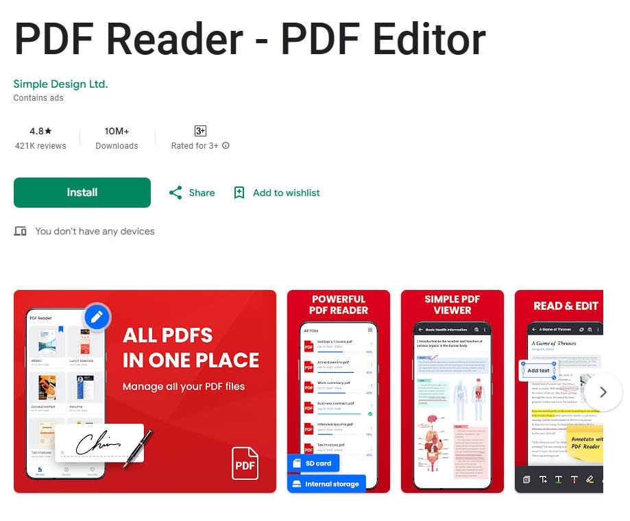 pdf reader e editor su Android