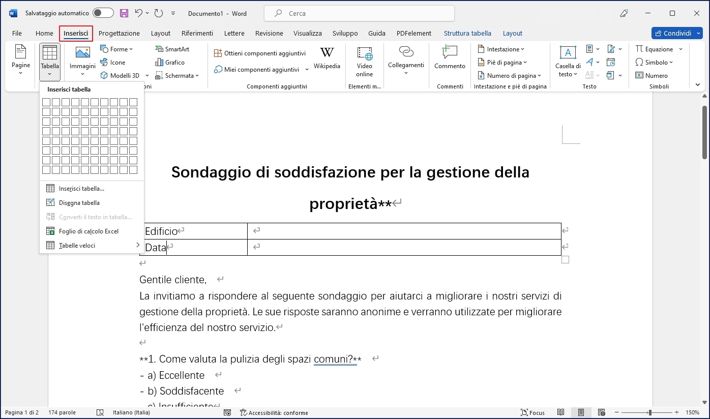 come creare un questionario su word