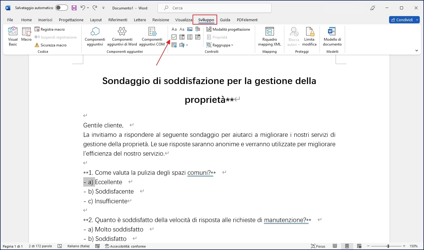 creare test a risposta multipla word