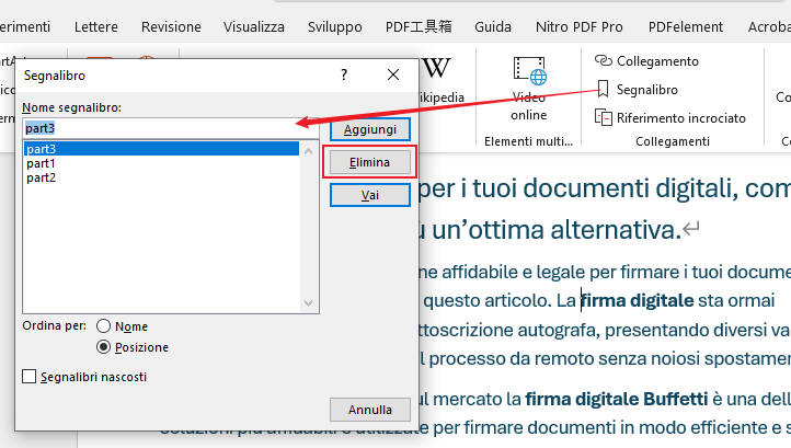cancellare segnalibri in Word