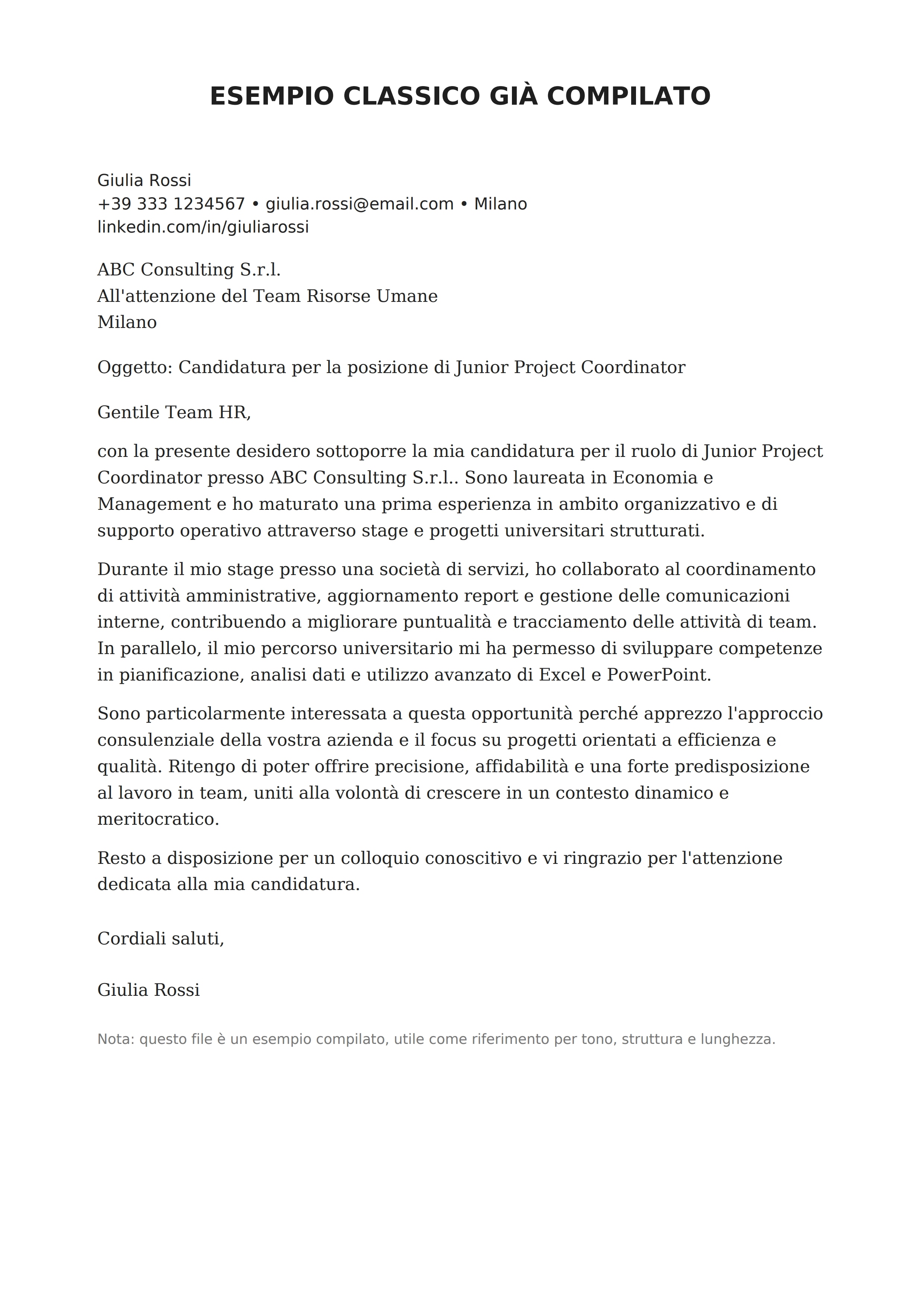 Esempio di lettera di candidatura già pronta