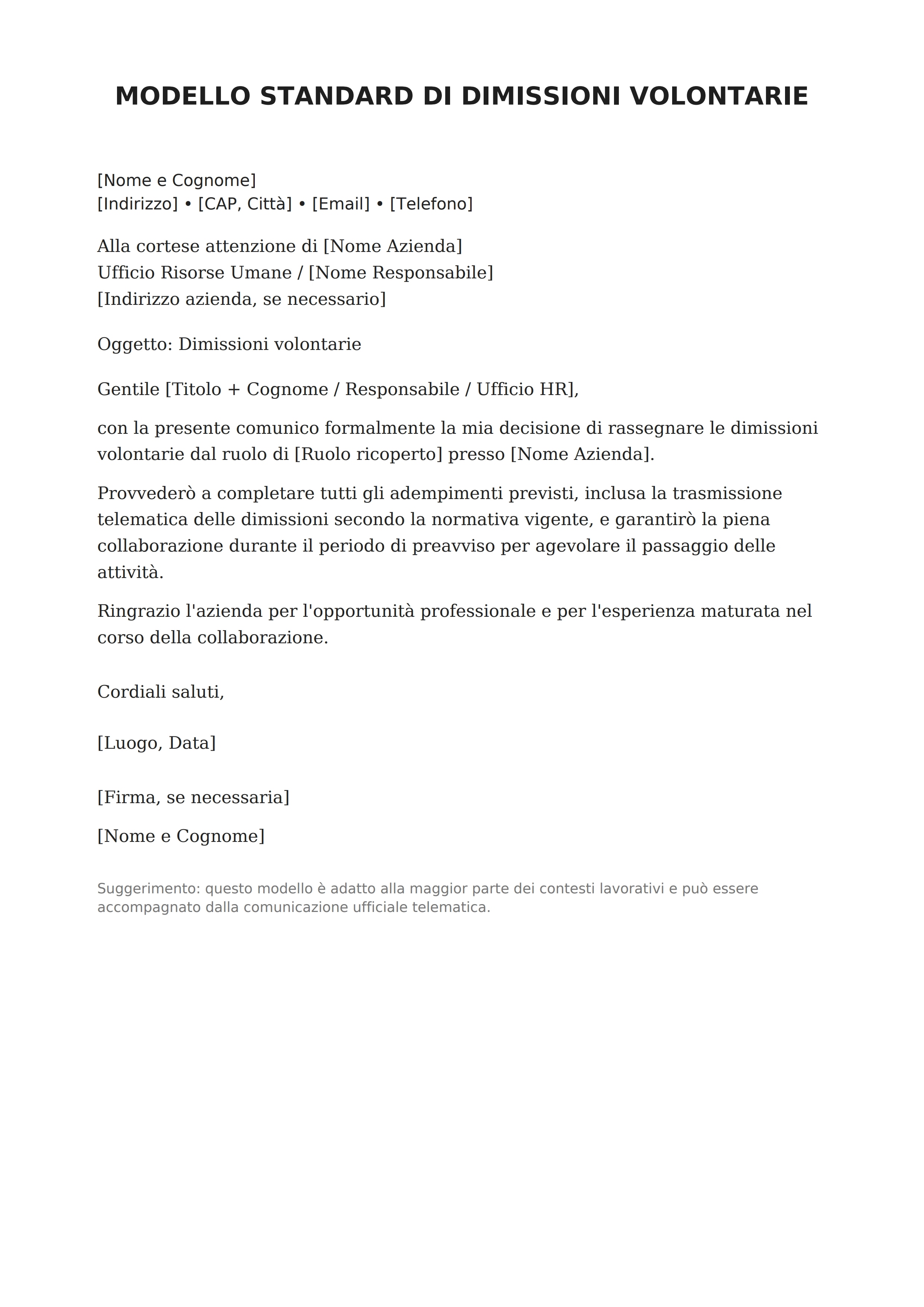 Modello di lettera di dimissioni: template PDF ed esempio