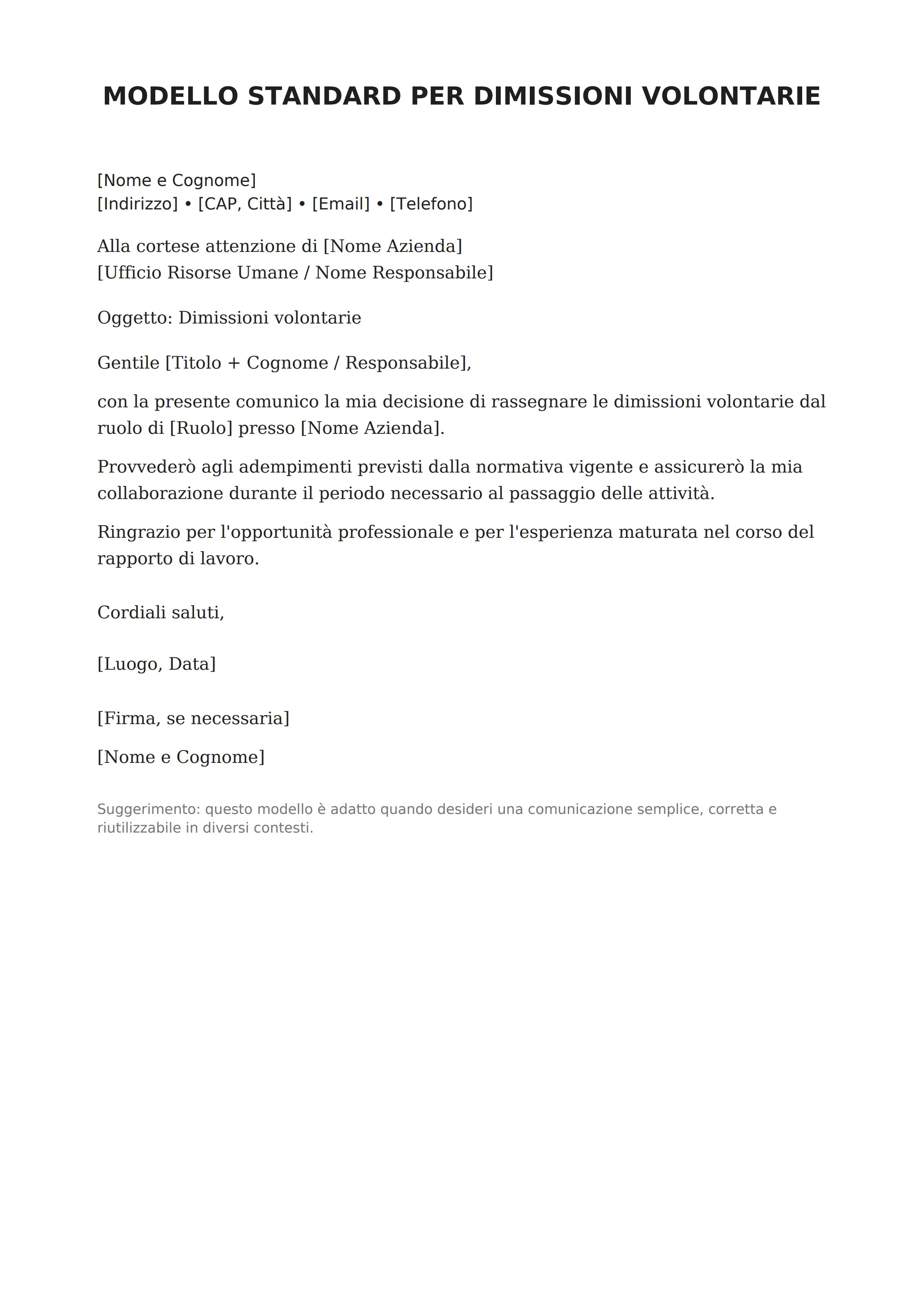 Modello di lettera per dimissioni volontarie
