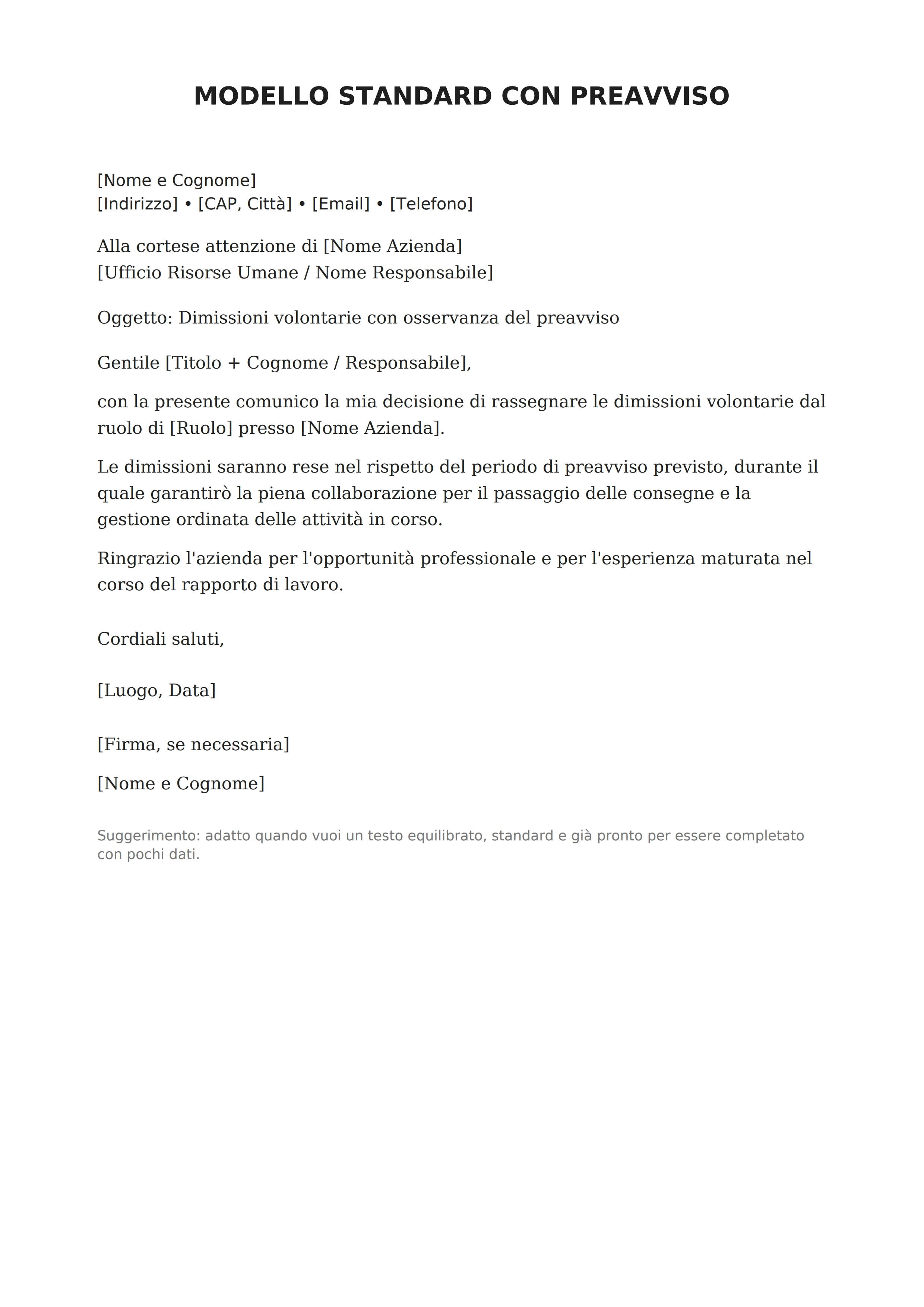 Modello di lettera di dimissioni con preavviso
