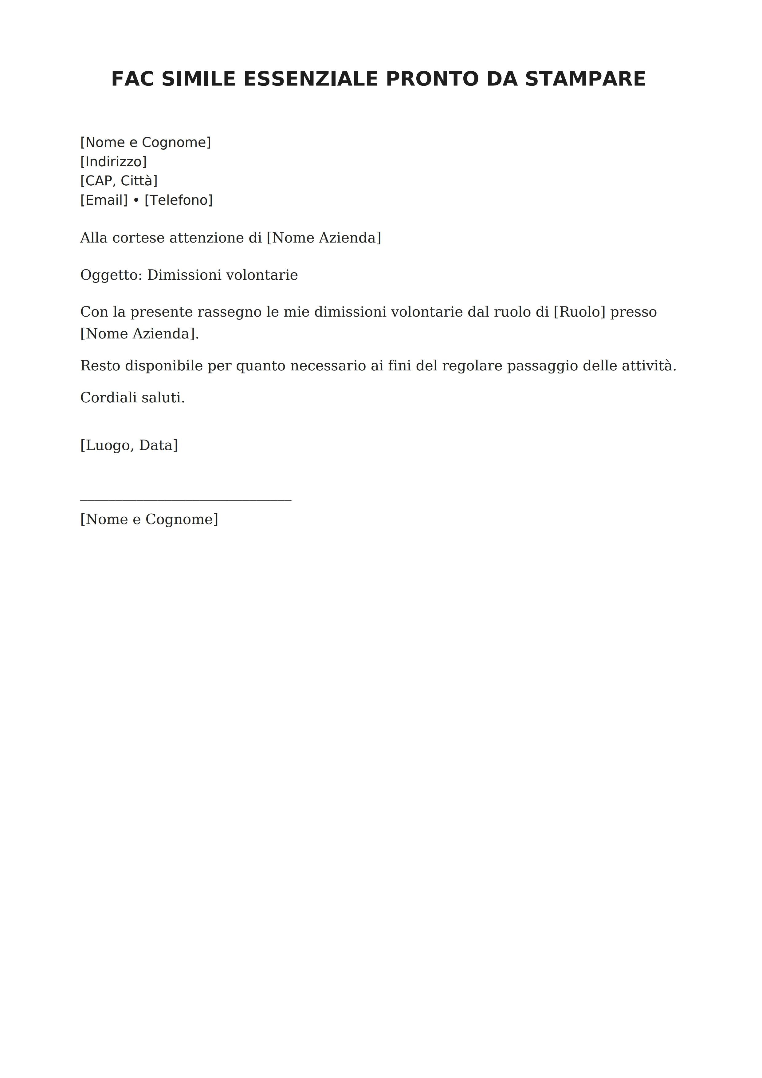 Fac simile di lettera di dimissioni da personalizzare