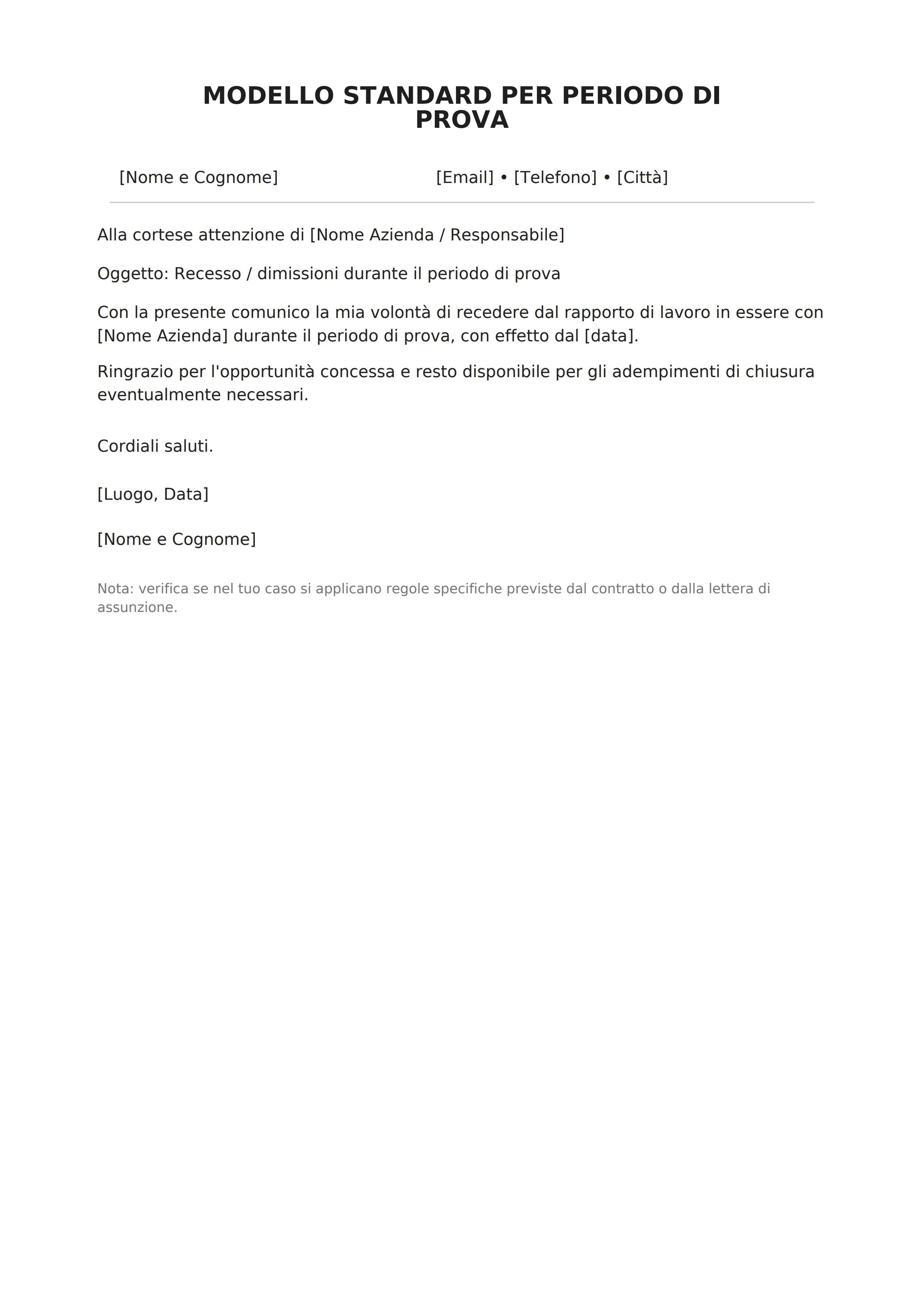Modello di lettera di dimissioni nel periodo di prova