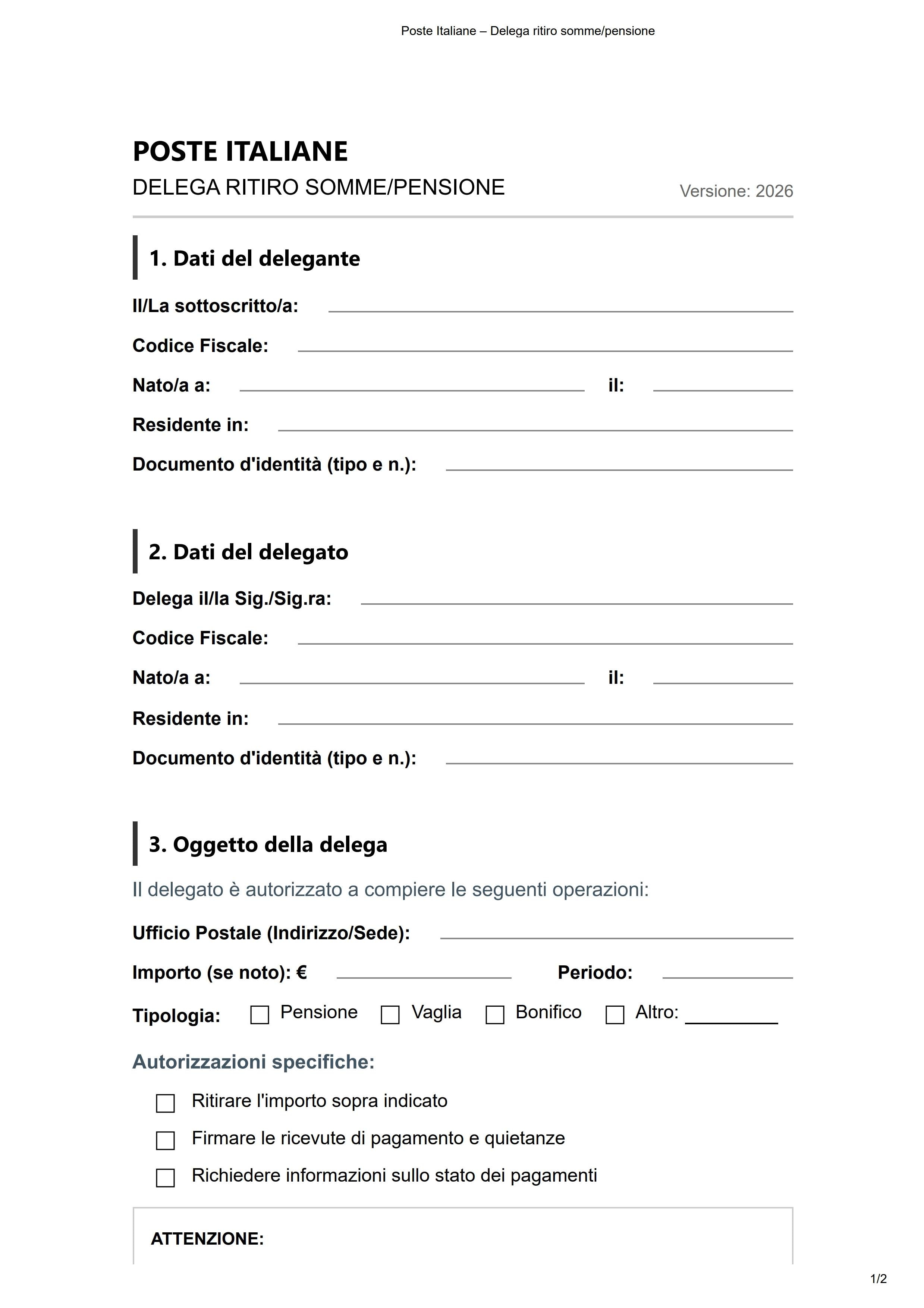 poste italiane delega ritiro pensione